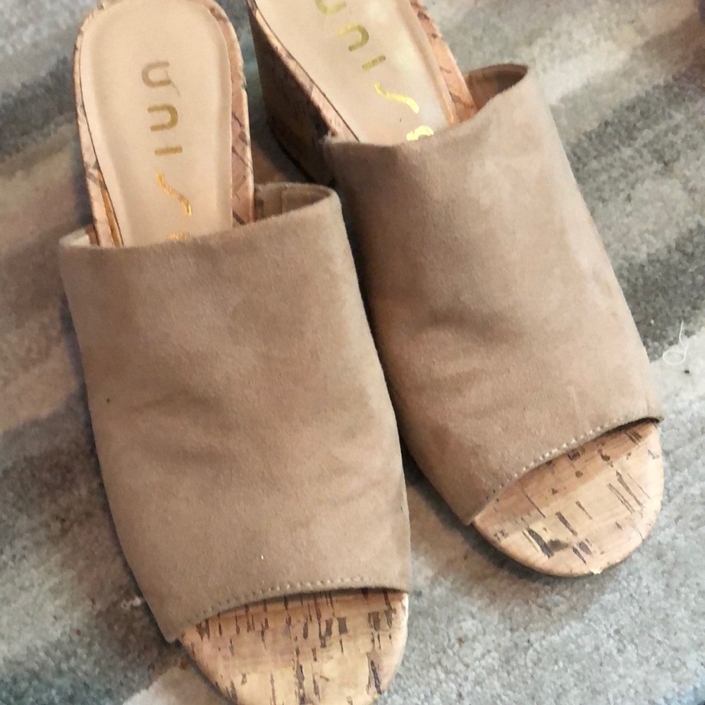 Super comfy faux suede open toe heeled mules
